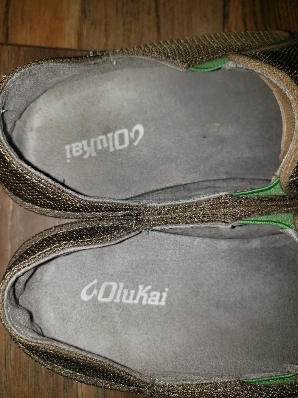 OluKai Men's Brown Mesh Slip-On Loafers with Green Stretch Panels